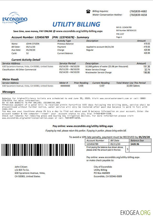 USA California Escondido City of Choice utility bill template in Word and PDF format